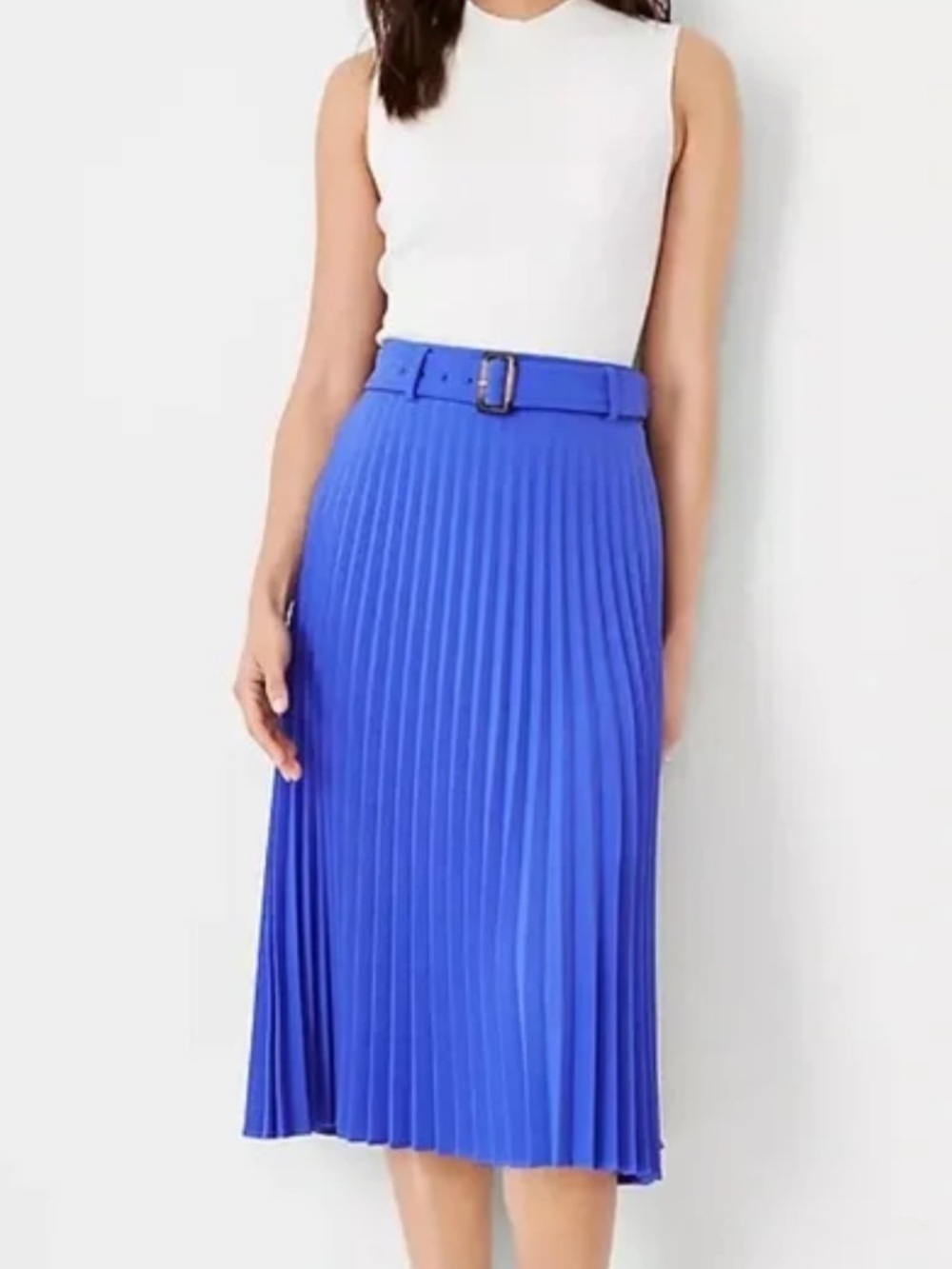 Ann Taylor Belted Pleated Midi Skirt In Cobalt Blue Sz 8
